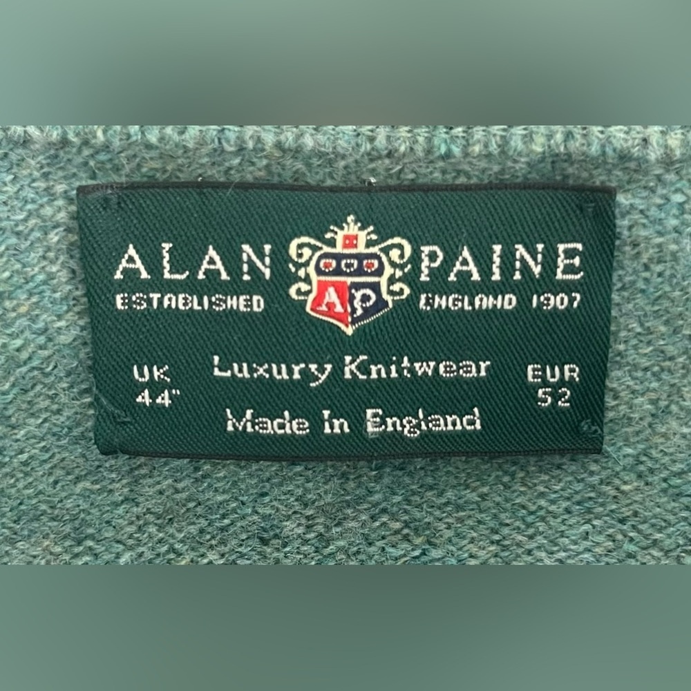 Alan Paine Green & Blue Argyle Lambswool Men's Sweater, XL - Picture 5 of 8